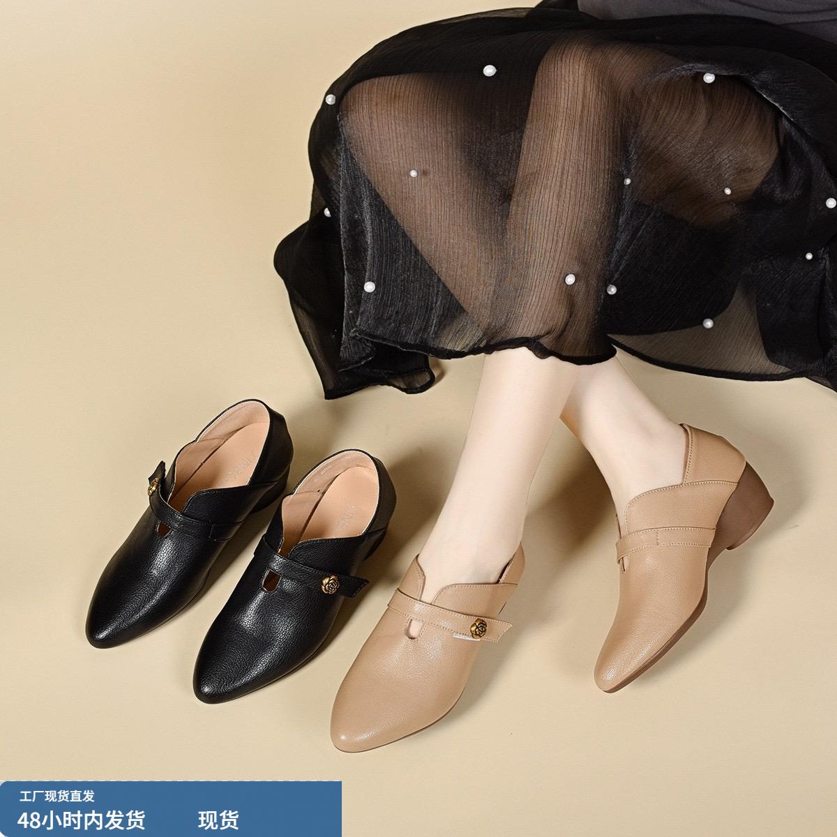 2025春秋新款法式深口真皮尖头中跟羊皮软底软皮一字带复古小皮鞋