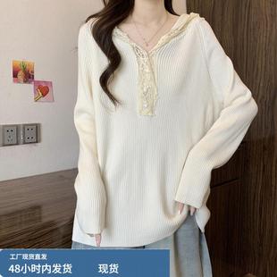 大码女装胖MM秋天巨好看的上衣韩系法式蕾丝边拼接宽松针织小衫女