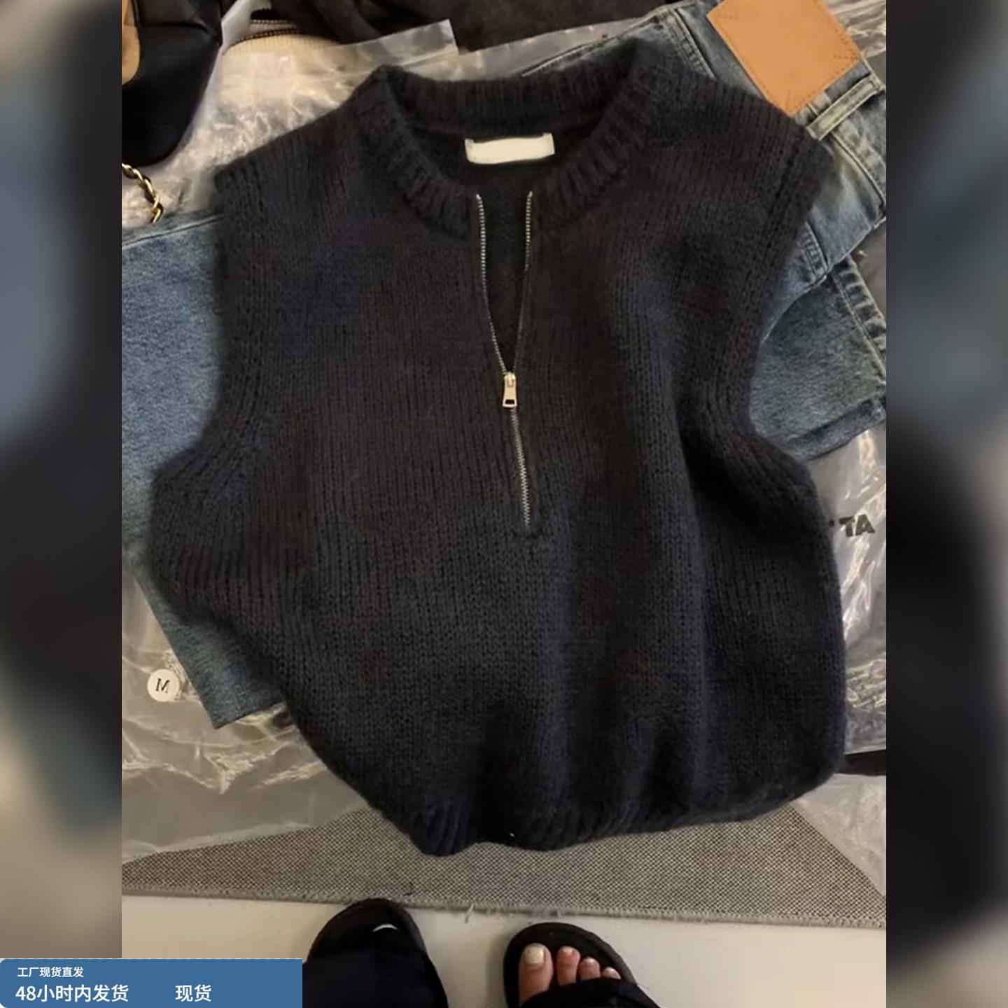 简约半拉链套头上衣无袖2025秋季针织马甲加厚纯色马夹羊绒背心女