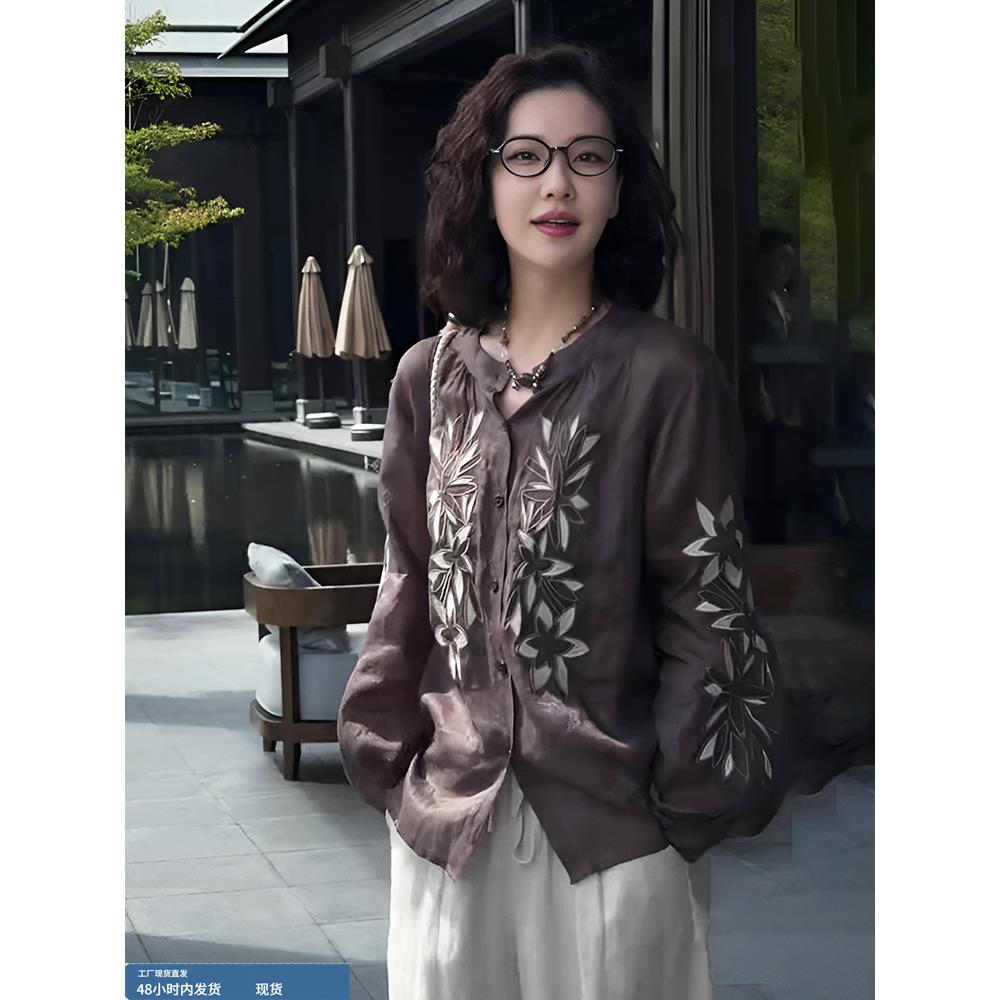 法式高级感刺绣薄款长袖衬衫女2025新款早秋宽松显瘦休闲独特上衣