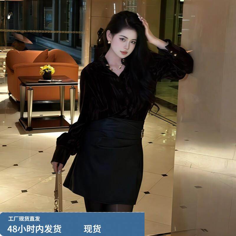 大码女装酷感御姐风翻领长袖衬衫女秋冬季胖mm丝绒高级感气质上衣