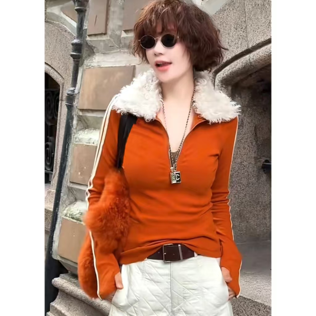 欧洲恋人可拆卸翻领毛毛领T恤上衣拉链长袖打底衫女秋冬内搭时尚