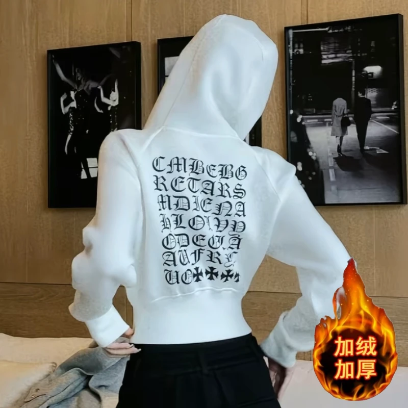 加绒加厚洋气美式复古哥特字母印花连帽卫衣短款外套时尚长袖上衣