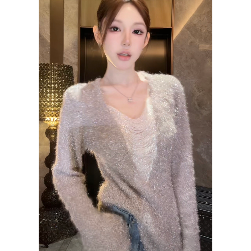 粉红PINK丨“星落”设计感时尚秋冬银线链条针织上衣FH25D4T3762