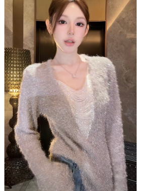 粉红PINK丨“星落”设计感时尚秋冬银线链条针织上衣FH25D4T3762