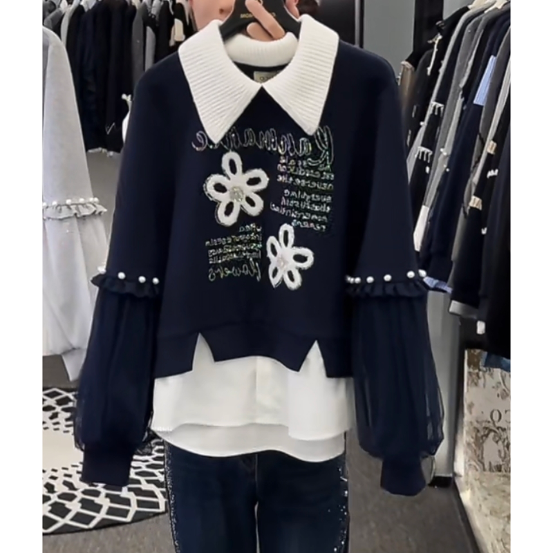 秋款高级感设计师款原创女装拼接重工花朵显瘦百搭长袖卫衣HD082