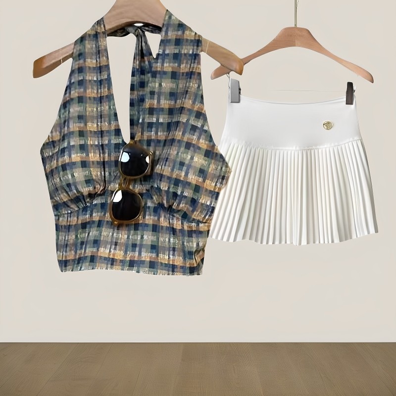 上衣女法式高级感格子挂脖吊带小背心女夏外穿内搭泰式小众无袖潮