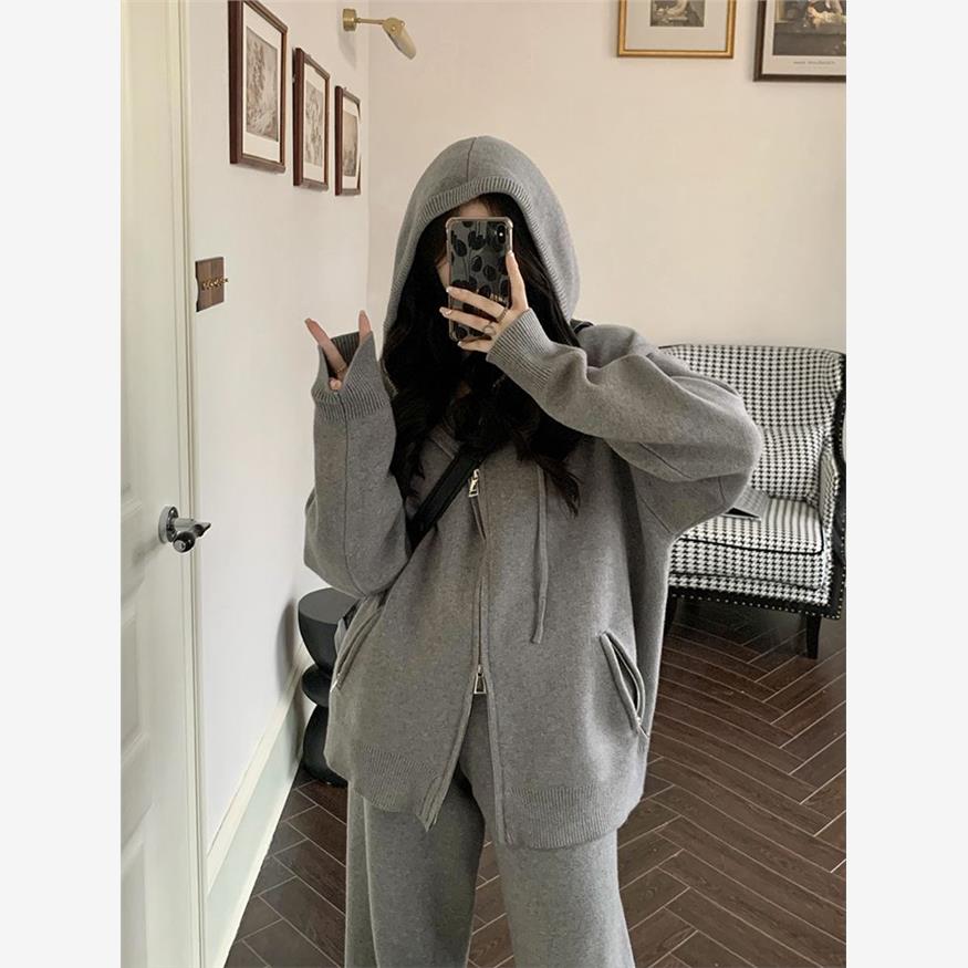 灰色运动套装女2024秋冬新款韩版宽松慵懒风休闲卫衣阔腿裤两件套