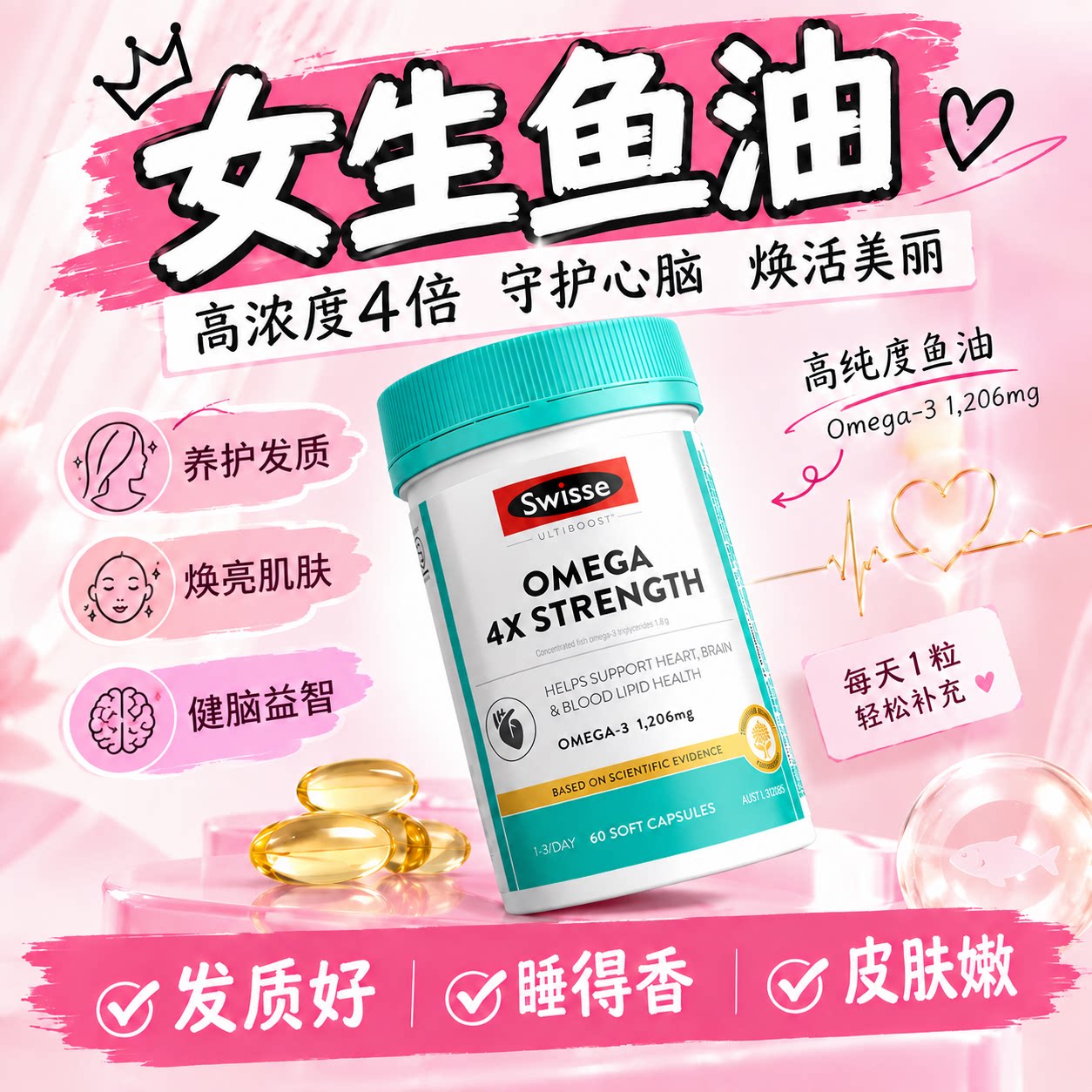 Swisse深海鱼油omega3高纯度4倍DHA女生成人专用护肤炎痘护发助眠