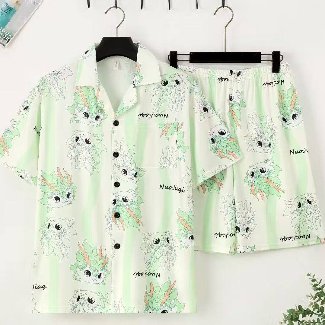 睡衣男夏季短袖男士夏天薄款开衫青年男生卡通学生大码家居服套装