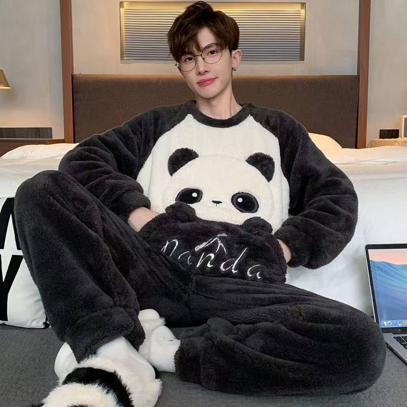 男士法兰绒冬季珊瑚绒睡衣男青年加厚保暖加肥加大码家居服男套装