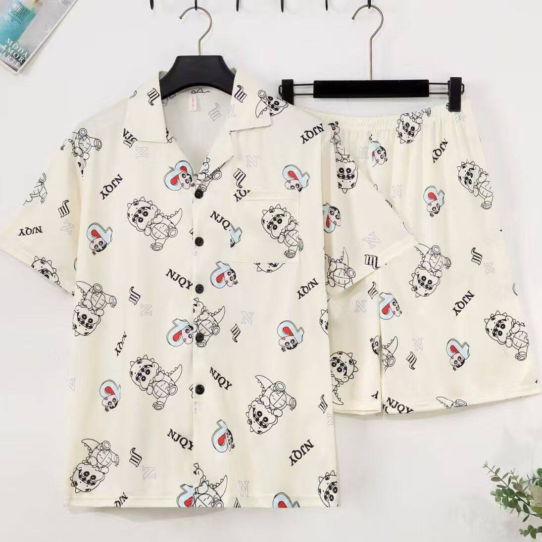 男士睡衣短袖裤夏季夏天薄款学生卡通青少年加肥加大码家居服套装