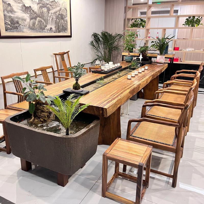 循环流水养鱼茶桌创意景观一体泡茶台新中式全实木曲水流觞茶桌椅