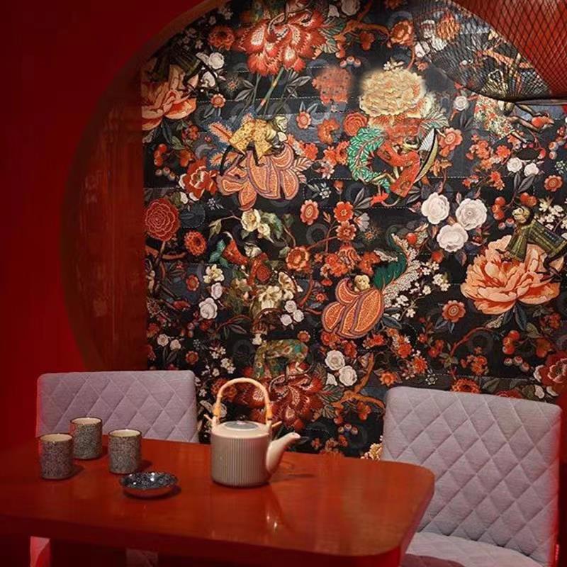 定制无缝壁布轻奢梵高花园黑底红花客厅卧室玄关背景壁画餐厅墙布