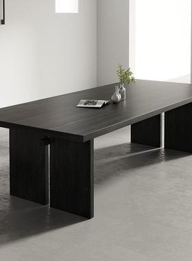 黑色简约实木大板桌会议桌创意工业风长条办公桌工作台原木茶台桌