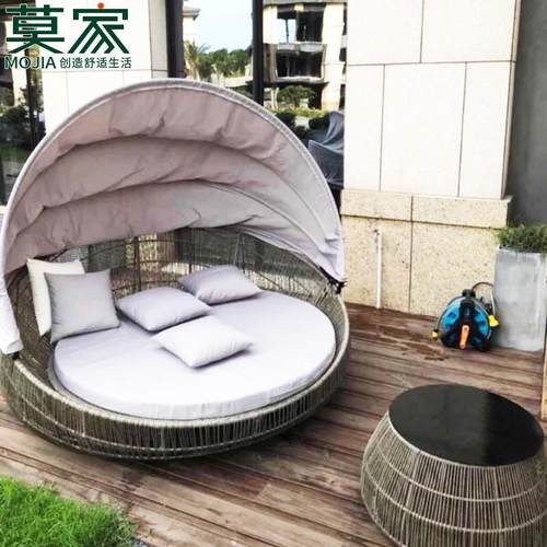 莫家户外躺床沙发北欧游泳池躺椅别墅庭院阳台藤编休闲圆床室外床