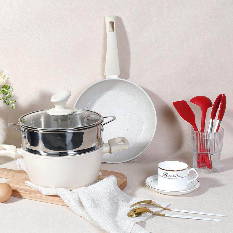 麦饭石平底锅不粘煎锅炒菜锅烙饼煎蛋辅食锅小汤锅蒸锅电磁炉通用