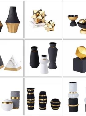 北欧黑金色轻奢花瓶摆件几何陶瓷干花器样板间客厅桌面艺术感摆设