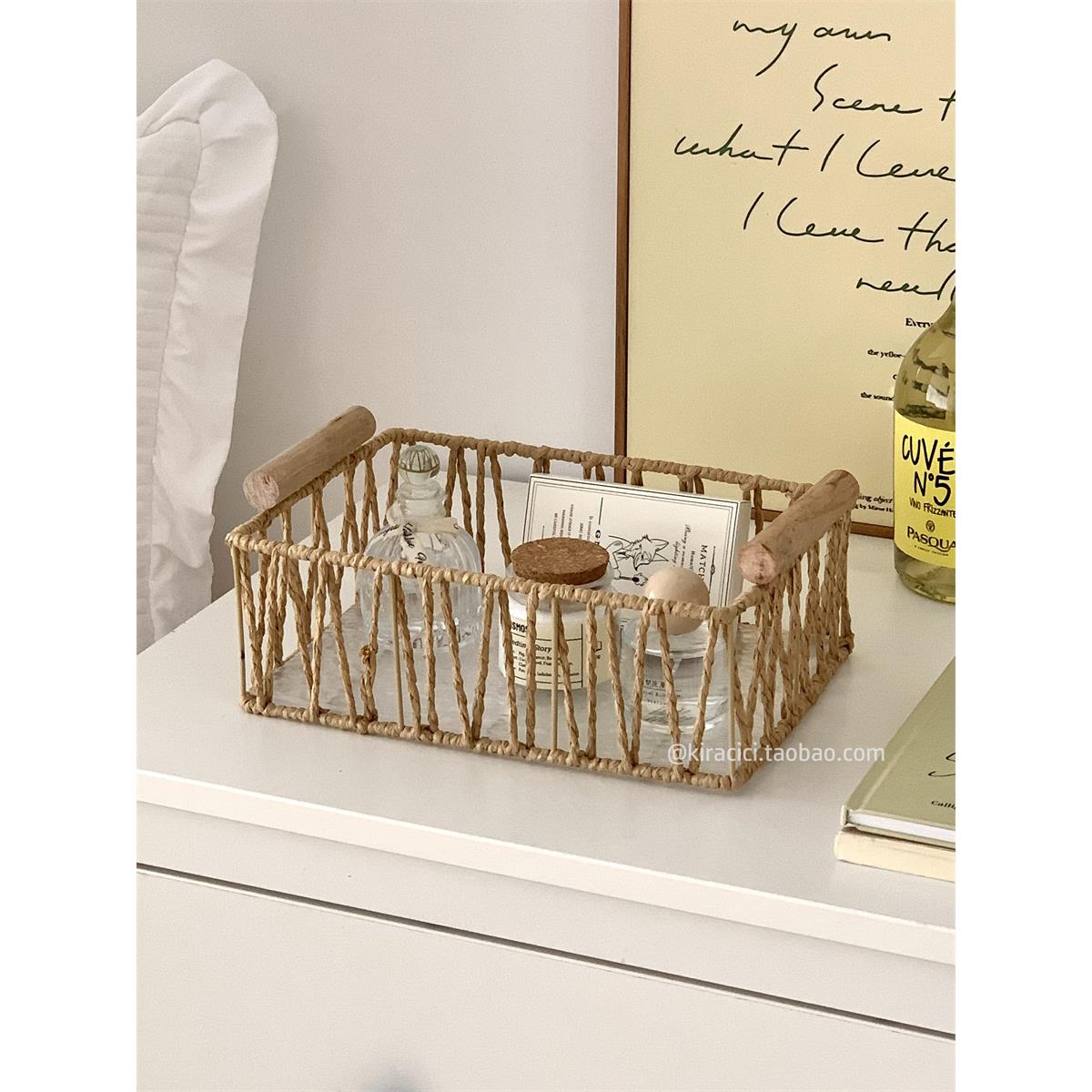 ins复古铁艺编织手提收纳筐客厅长方形桌面整理框零食杂物收纳篮