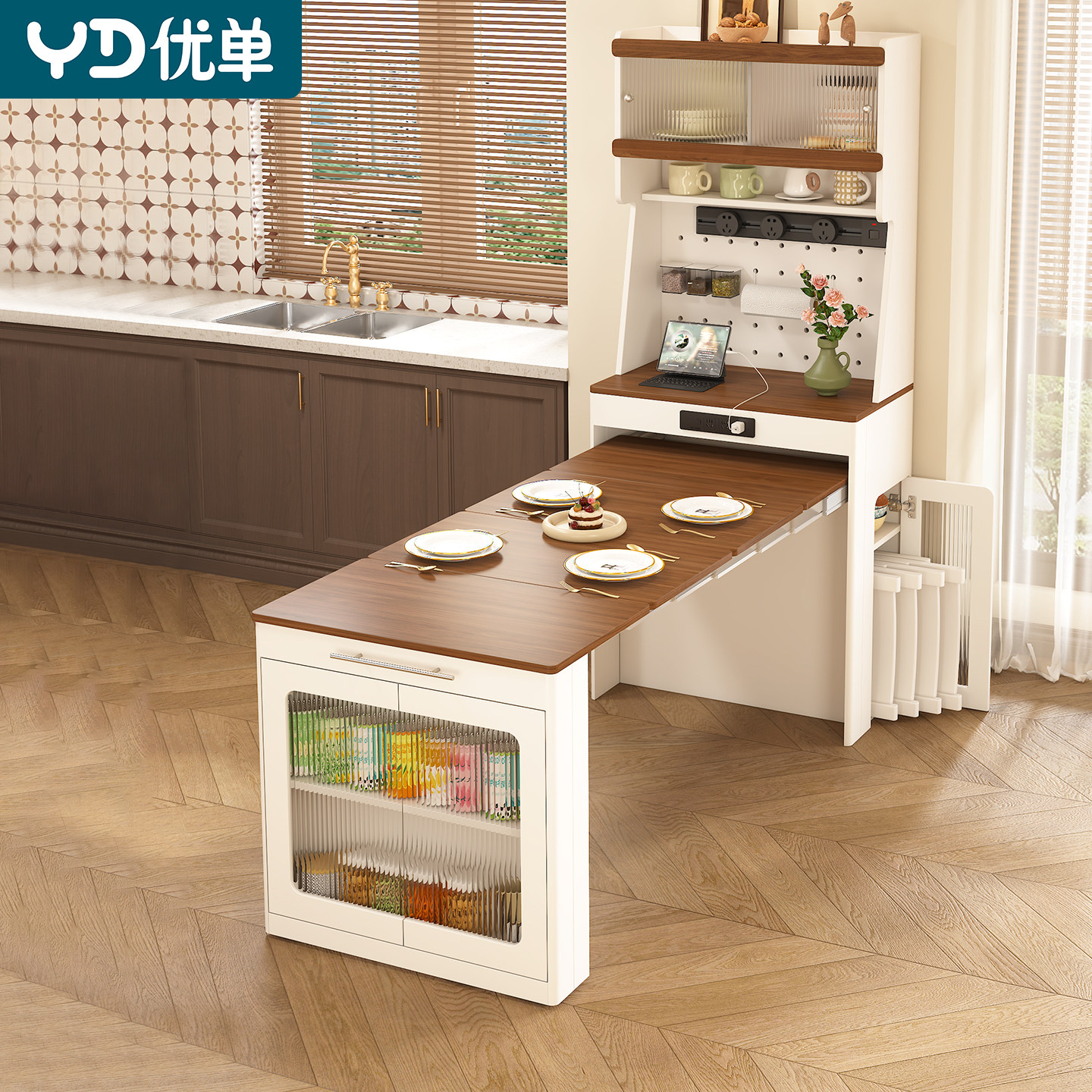 实木伸缩折叠餐桌餐边柜储物柜