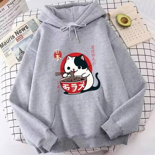 休闲卡通猫咪印花连帽卫衣女款