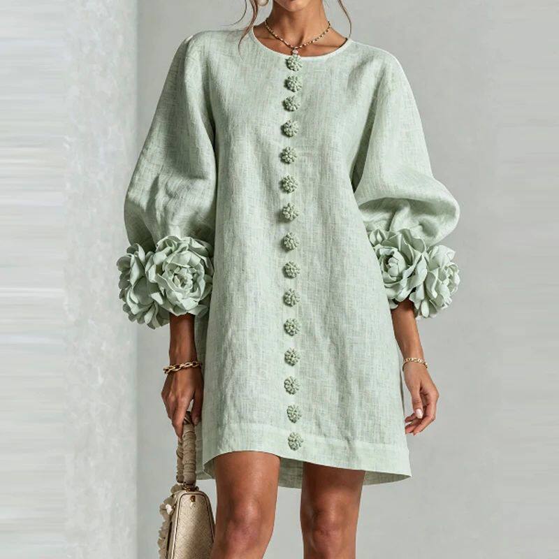 纯色花朵灯笼袖连衣裙 Solid color flower lantern sleeve dress