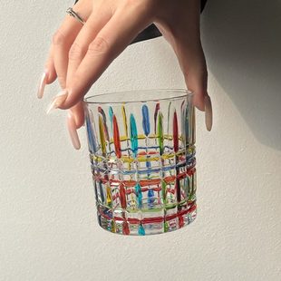 玻璃水杯 bl手绘方块bl 折in古g彩虹光编织中杯gin意大利射格子