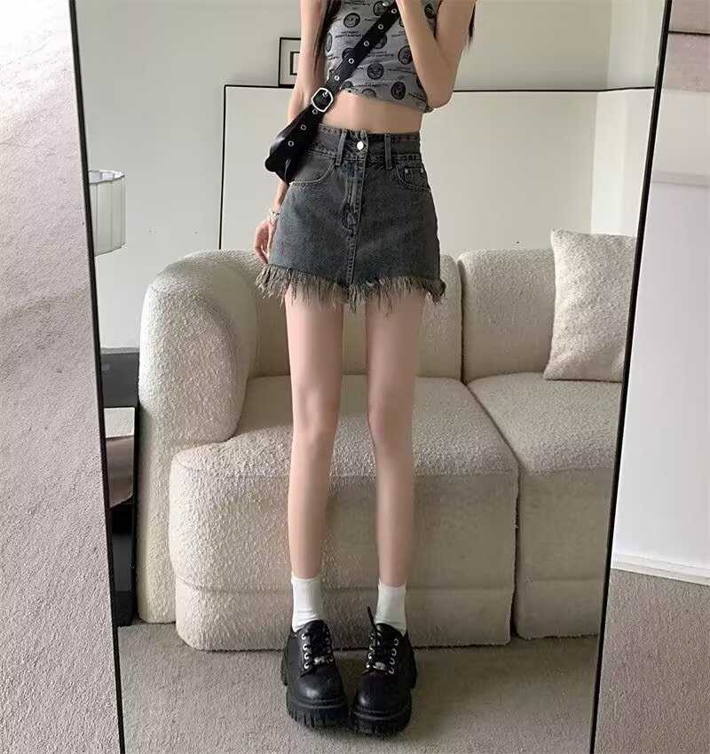牛仔半身裙女夏毛边流苏ins潮复古设计感高腰小众遮肉a字包臀短裙