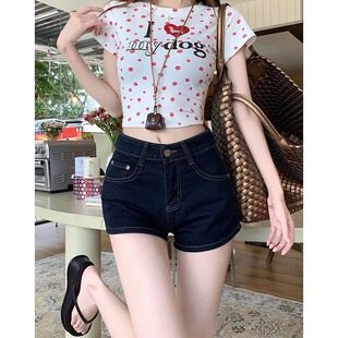 复古高腰牛仔短裤女春季深蓝色直筒显瘦宽松辣妹热裤女士纽扣紧身