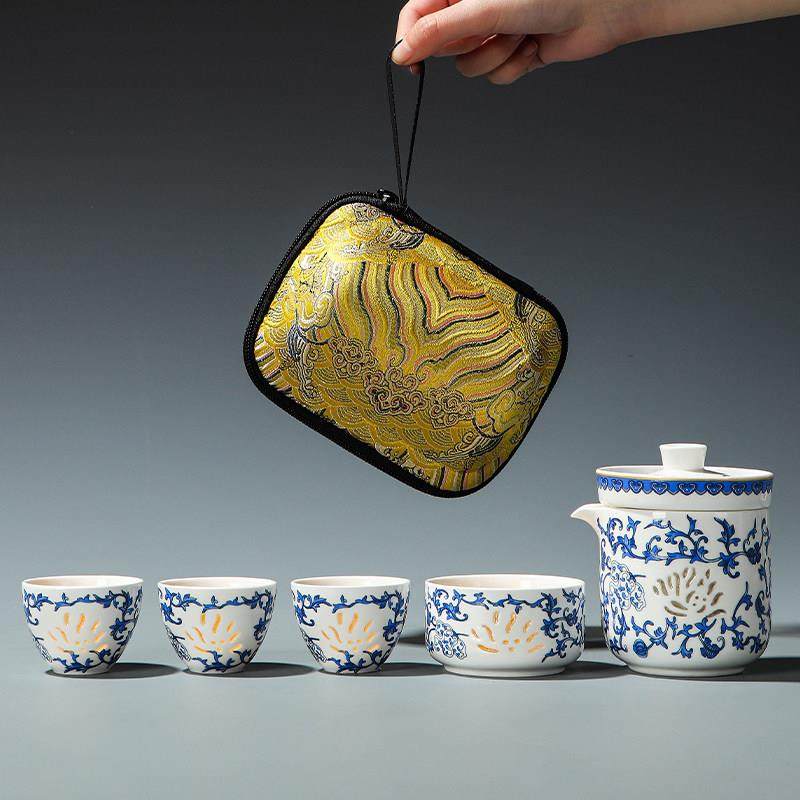 羊脂玉瓷青花玲珑旅行茶具套组户外可携式快客杯车载露营旅游泡茶,餐饮具,旅行茶具,淘宝优惠券,粉丝福利购,淘宝优惠卷