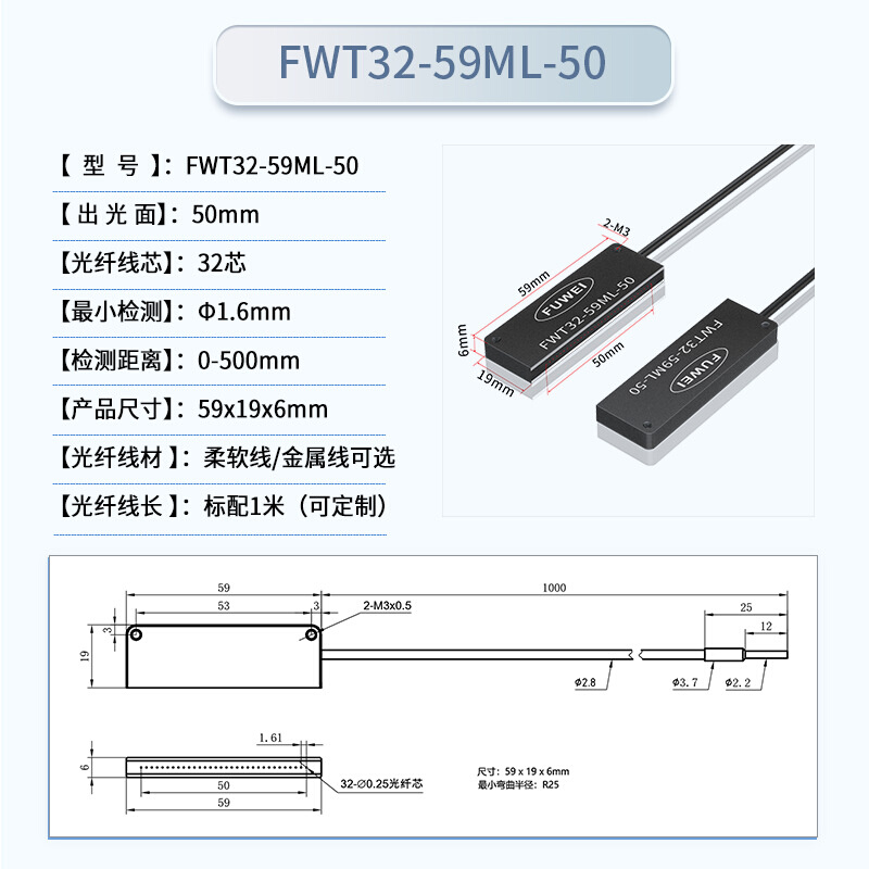 FUWEI对射光纤传感器FWT32-59ML-50矩阵形宽区域计数放大器光幕