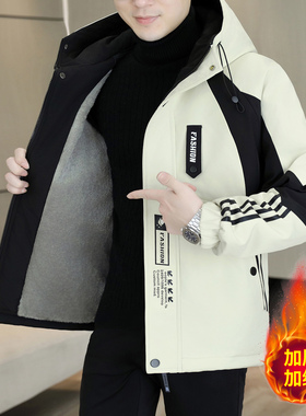 啄木鸟冬季加绒加厚棉衣男士韩版连帽潮流外套休闲工装夹克冲锋衣