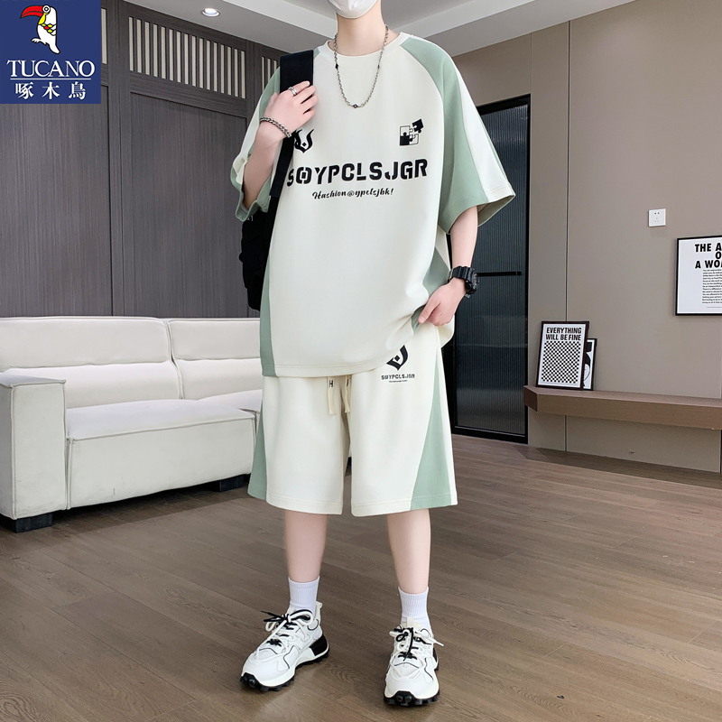 啄木鸟2025新款运动套装男夏季青少年潮流短袖短裤学生帅气休闲男