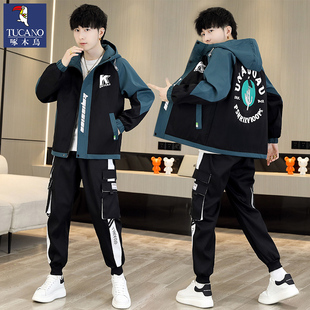 啄木鸟秋冬季加绒加厚男士夹克套装青少年初中生学生外套运动装男