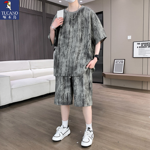 啄木鸟2025新款休闲运动套装男夏季潮牌痞帅炸街短袖短裤夏天男装