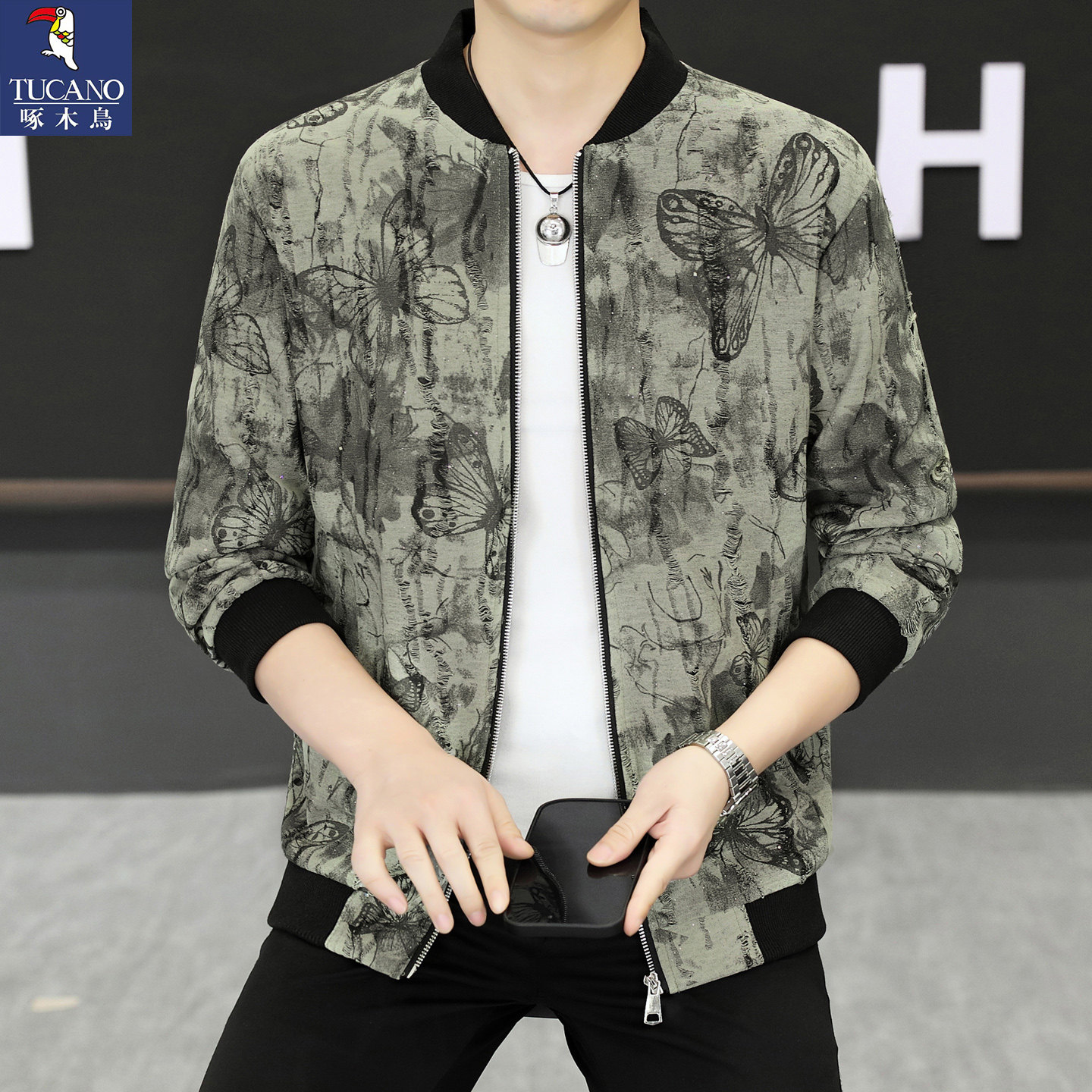 啄木鸟男士休闲风印花夹克2026新款春秋季修身棒球服潮流个性外套