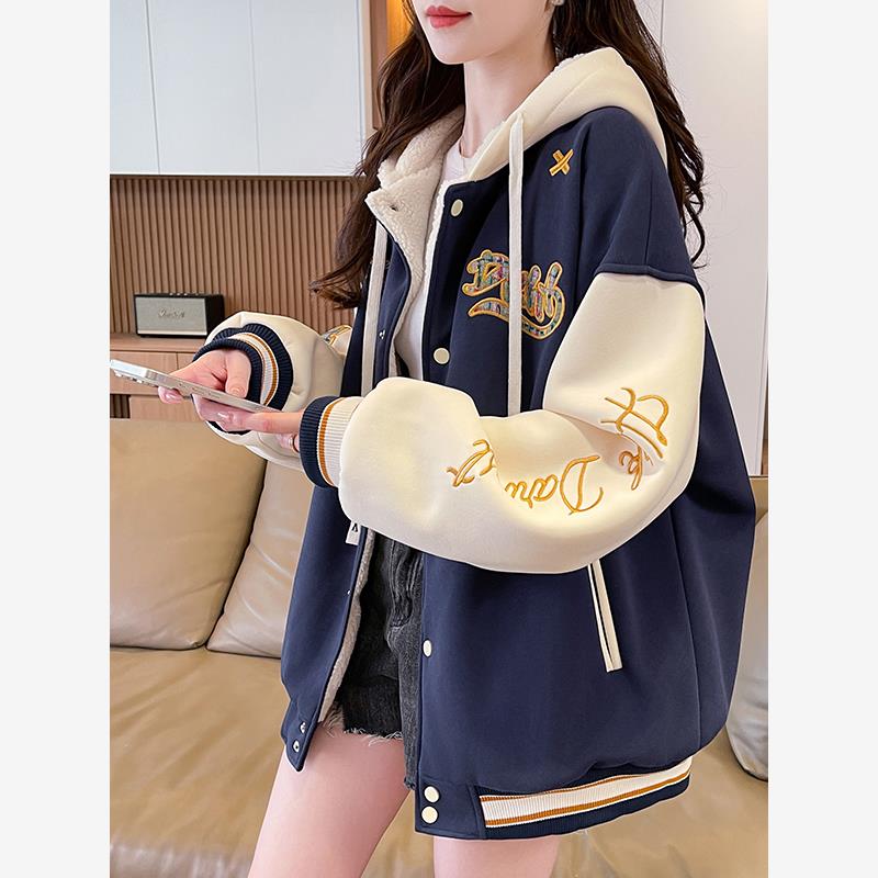 美式羊羔毛棒球服外套女秋冬季加绒加厚夹克2025新款学生大童棉服