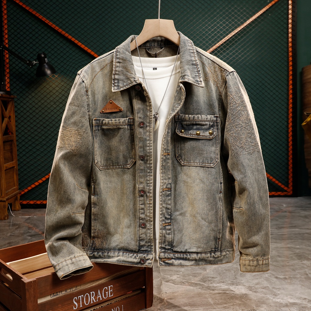 春季美式覆古大尺码工装牛仔外套男高端水洗夹克百搭牛仔褂上衣男