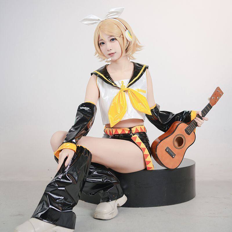 现货V家镜音双子cos镜音铃镜音连姐姐弟弟公式服 COSPLAY漆皮校服