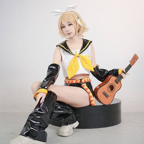 现货V家镜音双子cos镜音铃镜音连姐姐弟弟公式服 COSPLAY漆皮校服