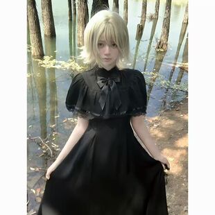 日系哥特风法式复古黑色显瘦斗篷 中长连衣裙cosplay