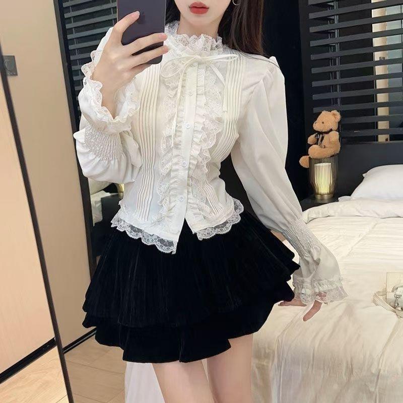 新款lolita小香风泡泡袖洋气风衬衫长袖内搭doll感蕾丝感喇叭袖