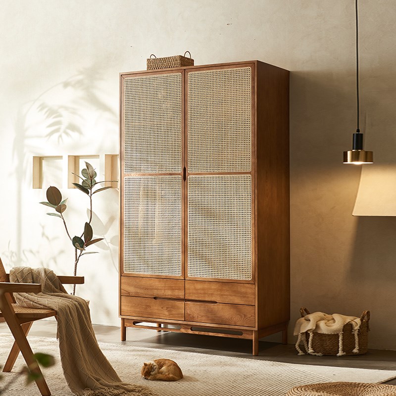 家用日式a复古藤编衣柜组合中古侘寂风实木双门储物衣橱小户型卧