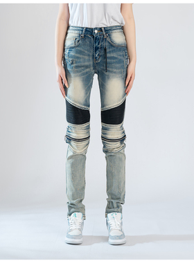 AMR Skinny Ripped Jeans牛仔裤男美式高街堆积感拼接修身小脚裤