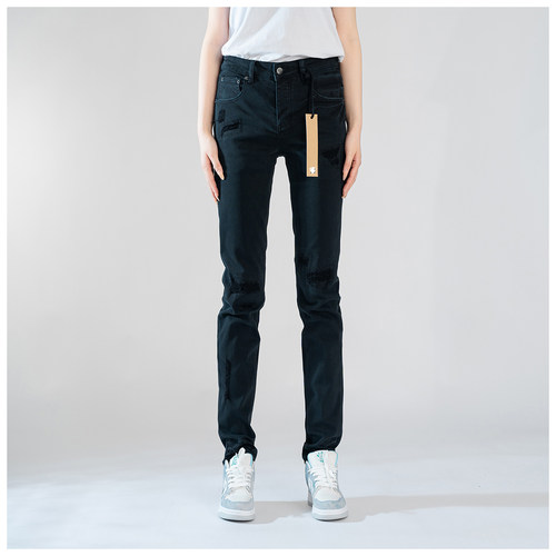 KUS jeans牛仔裤男修身显瘦欧美式高街破洞基础款做旧修身小脚裤