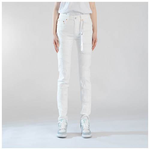 PUR jeans牛仔裤男修身显瘦欧美式高街高档白牛色破洞补紧身小脚