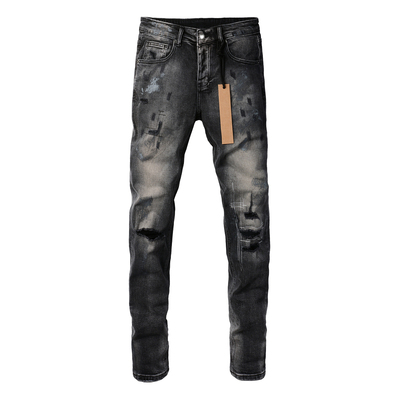 KUS jeans牛仔裤男修身显瘦乞丐美式高街破洞补丁做旧露肉小脚裤