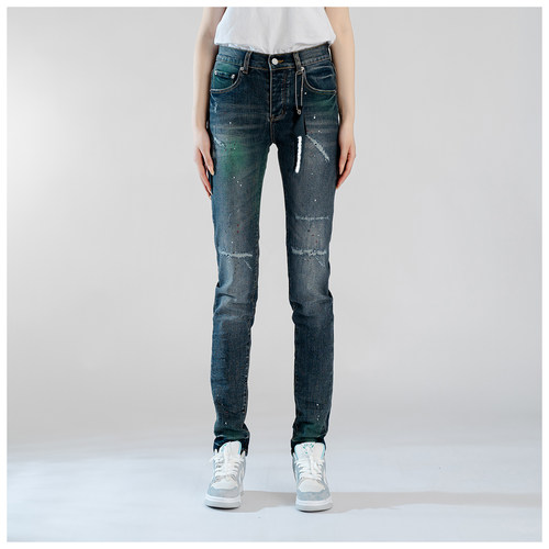 PUR jeans牛仔裤男修身显瘦欧美式高街泼墨破洞补丁做旧小脚裤