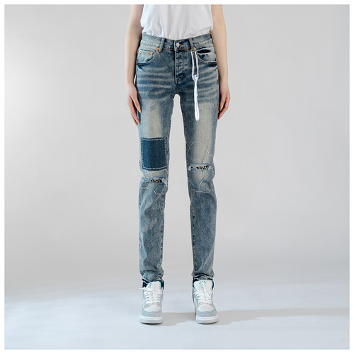 PUR jeans牛仔裤男修身显瘦欧美式高街乞丐破洞补丁做旧小脚裤