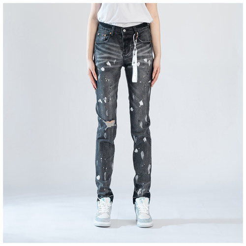PUR jeans牛仔裤男修身显瘦欧美式高街破洞露肉乞丐泼墨小脚裤